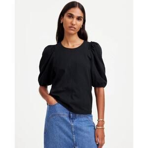 Madewell Puff-Sleeve Tee Sz L Black Crewneck Cotton Relaxed Pullover Ruffle Trim